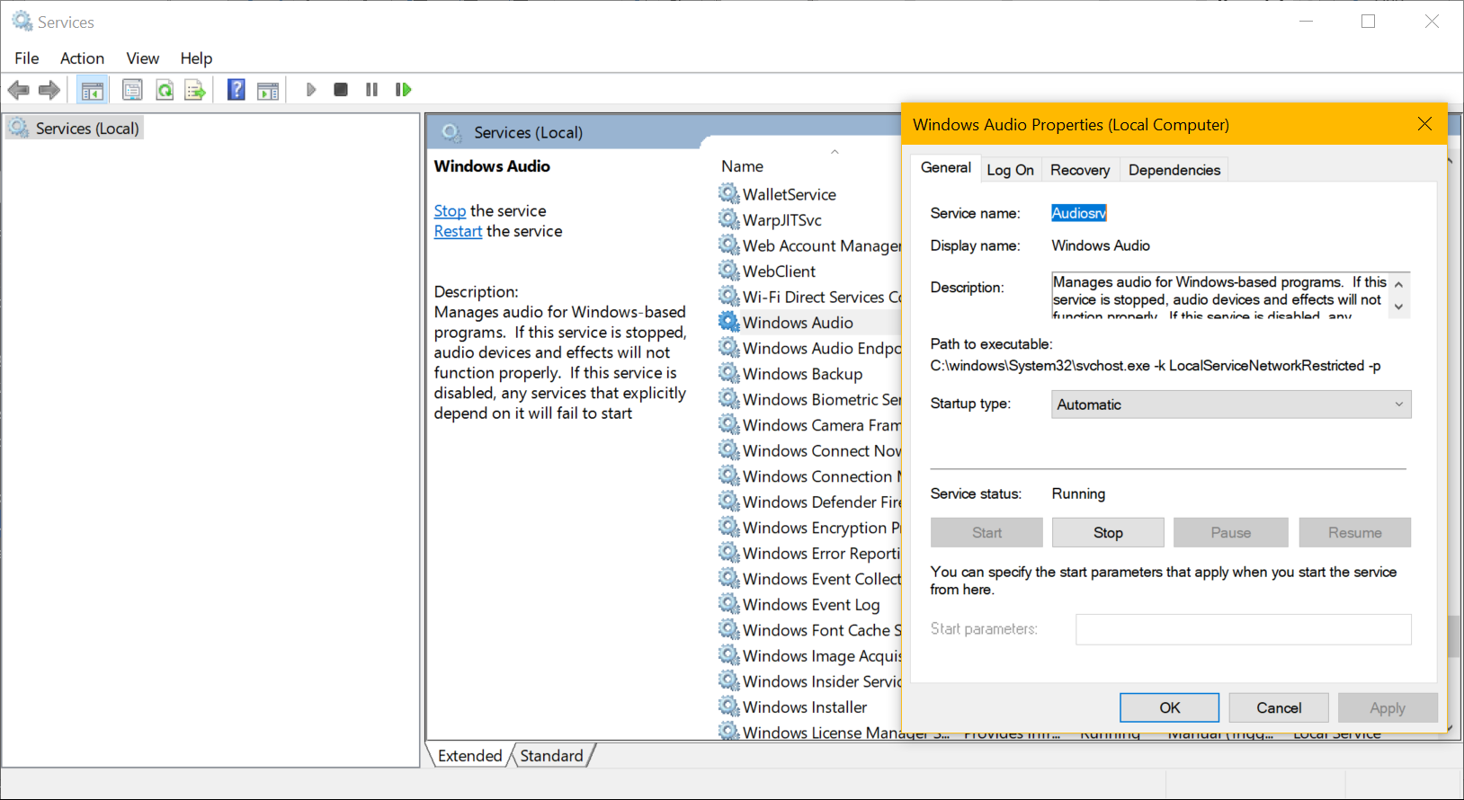 Disable Enable Windows Audio Services